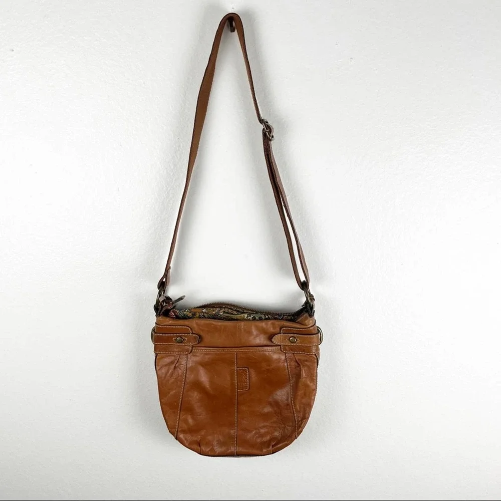 FOSSIL Brown Leather Stitched Adjustable Strap Paisley Lined Shoulder Bag Boho